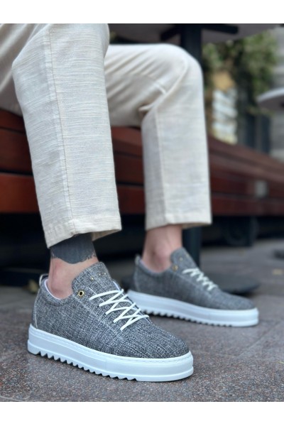 BA0152 Bağcıklı Yüksek Taban Gri Kırçıllı Keten Erkek Ayakkabı