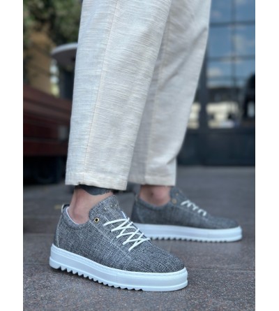 BA0152 Bağcıklı Yüksek Taban Gri Kırçıllı Keten Erkek Ayakkabı