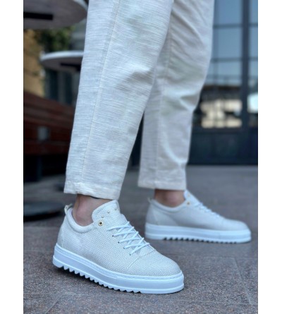 BA0152 Bağcıklı Yüksek Taban Krem Keten Erkek Ayakkabı