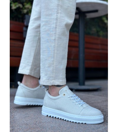 BA0152 Bağcıklı Yüksek Taban Krem Keten Erkek Ayakkabı