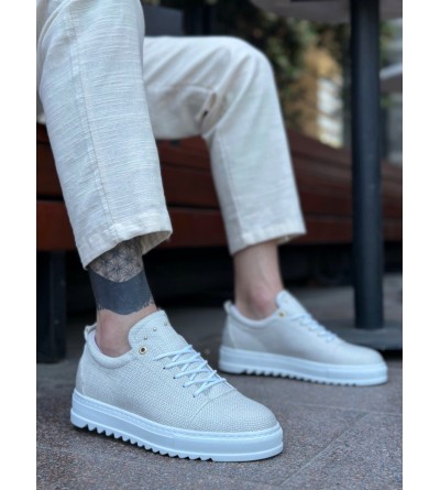 BA0152 Bağcıklı Yüksek Taban Krem Keten Erkek Ayakkabı