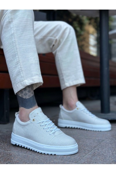 BA0152 Bağcıklı Yüksek Taban Krem Keten Erkek Ayakkabı