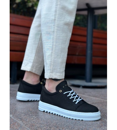 BA0152 Bağcıklı Yüksek Taban Siyah Keten Erkek Ayakkabı