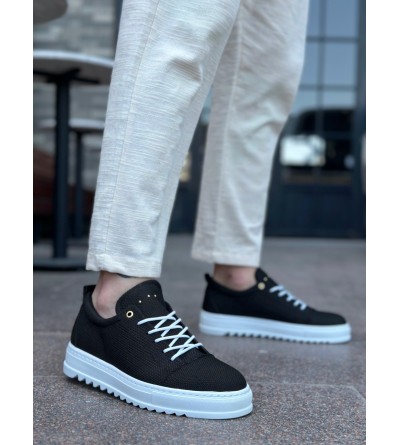 BA0152 Bağcıklı Yüksek Taban Siyah Keten Erkek Ayakkabı