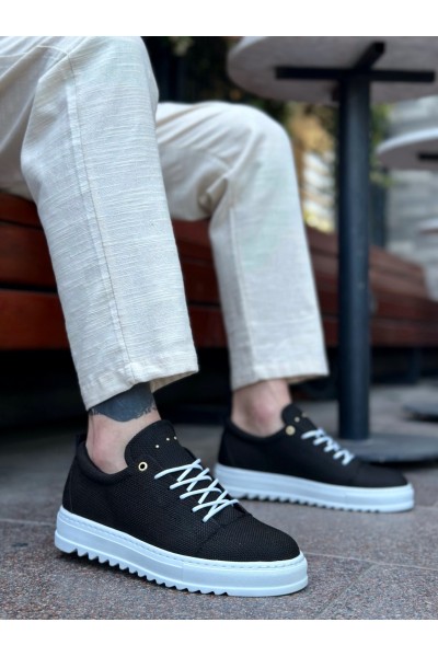 BA0152 Bağcıklı Yüksek Taban Siyah Keten Erkek Ayakkabı