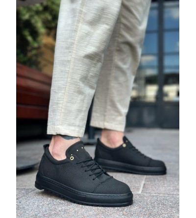 BA0152 Bağcıklı Yüksek Taban Siyah Keten Siyah Taban Erkek Ayakkabı