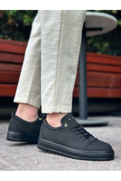 BA0152 Bağcıklı Yüksek Taban Siyah Keten Siyah Taban Erkek Ayakkabı