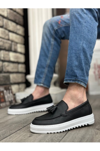 BA0154 Bağcıksız Yüksek Taban Cilt Siyah Renk Beyaz Taban Püsküllü Erkek Ayakkabı BA0154 Bağcıksız Yüksek Taban Cilt Siyah Renk Beyaz Taban Püsküllü Erkek Ayakkabı