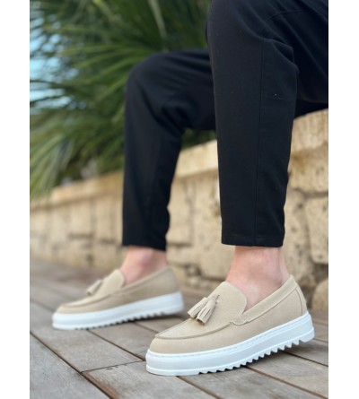 BA0154  Bağcıksız Yüksek Taban Keten Krem Renk Püsküllü Erkek Ayakkabı