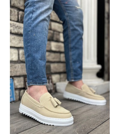 BA0154  Bağcıksız Yüksek Taban Keten Krem Renk Püsküllü Erkek Ayakkabı