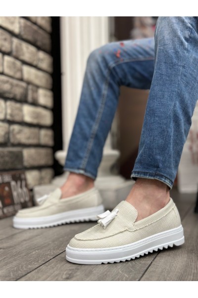 BA0154 Bağcıksız Yüksek Taban Beyaz Keten Püsküllü Erkek Ayakkabı BA0154 Bağcıksız Yüksek Taban Beyaz Keten Püsküllü Erkek Ayakkabı