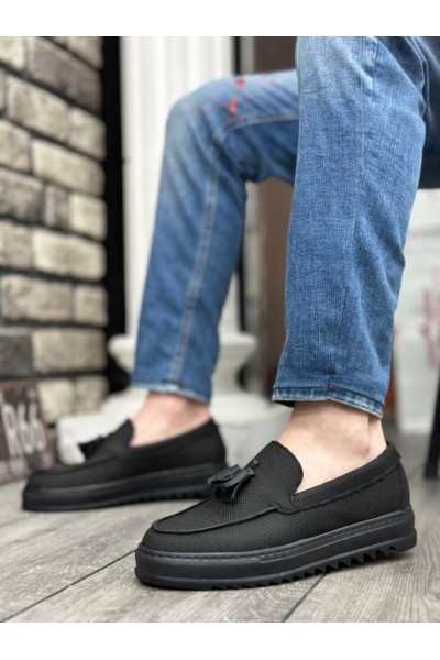 BA0154 Bağcıksız Yüksek Taban Siyah Keten Siyah Taban Püsküllü Erkek Ayakkabı BA0154 Bağcıksız Yüksek Taban Siyah Keten Siyah Taban Püsküllü Erkek Ayakkabı