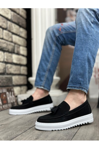 BA0154 Bağcıksız Yüksek Taban Süet Siyah Renk Beyaz Taban Püsküllü Erkek Ayakkabı BA0154 Bağcıksız Yüksek Taban Süet Siyah Renk Beyaz Taban Püsküllü Erkek Ayakkabı