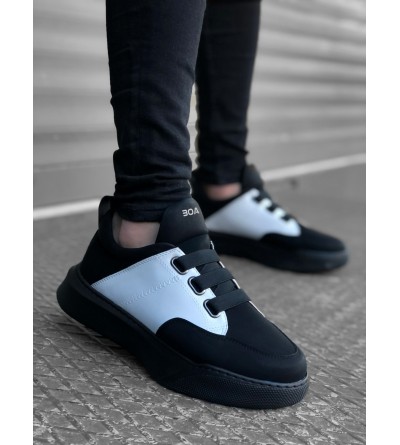 BA0160 Bantlı Erkek Yüksek Taban Siyah Beyaz Siyah Taban Spor Ayakkabı