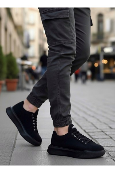 BA0161 Bağcıklı Erkek Yüksek Taban Siyah Spor Ayakkabı