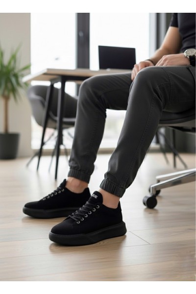 BA0161 Bağcıklı Erkek Yüksek Taban Siyah Spor Ayakkabı