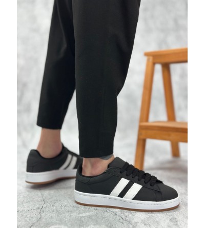 BA0235 BOA İki Çizgili Siyah Cilt Erkek Günlük Ayakkabı