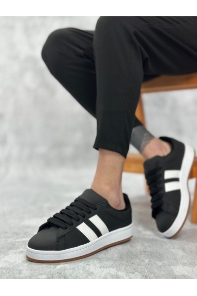 BA0235 BOA İki Çizgili Siyah Cilt Erkek Günlük Ayakkabı