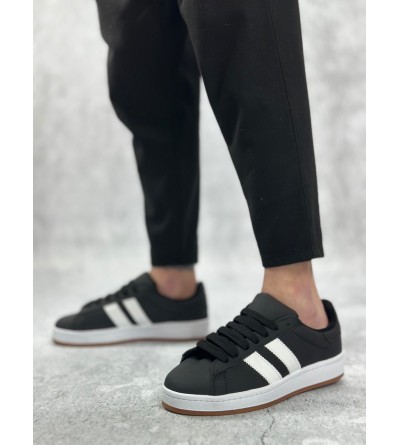 BA0235 BOA İki Çizgili Siyah Cilt Erkek Günlük Ayakkabı