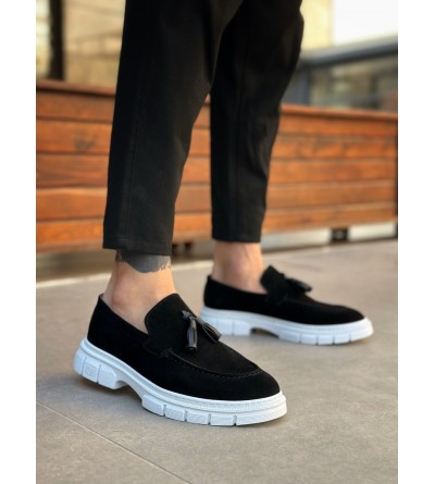 BA0240 Klasik Parlak Püsküllü Süet Siyah Beyaz Taban Erkek Ayakkabı	