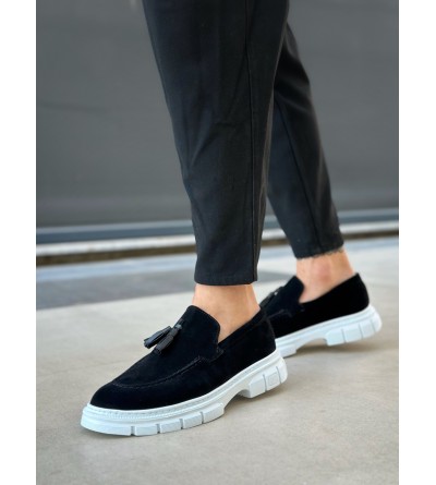 BA0240 Klasik Parlak Püsküllü Süet Siyah Beyaz Taban Erkek Ayakkabı	