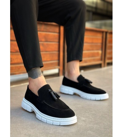 BA0240 Klasik Parlak Püsküllü Süet Siyah Beyaz Taban Erkek Ayakkabı	