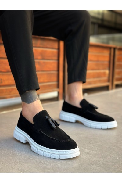 BA0240 Klasik Parlak Püsküllü Süet Siyah Beyaz Taban Erkek Ayakkabı	