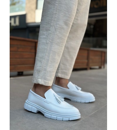 BA0240 Yüksek Taban Klasik Parlak Püsküllü Beyaz Erkek Ayakkabı	