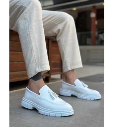 BA0240 Yüksek Taban Klasik Parlak Püsküllü Beyaz Erkek Ayakkabı	