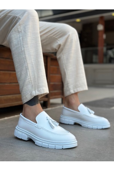 BA0240 Yüksek Taban Klasik Parlak Püsküllü Beyaz Erkek Ayakkabı	