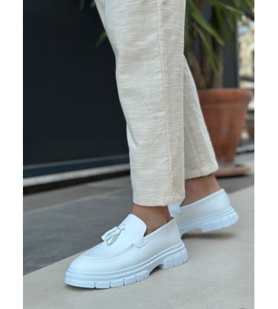 BA0240 Yüksek Taban Klasik Parlak Püsküllü Beyaz Erkek Ayakkabı	