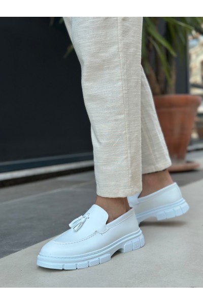 BA0240 Yüksek Taban Klasik Parlak Püsküllü Beyaz Erkek Ayakkabı	