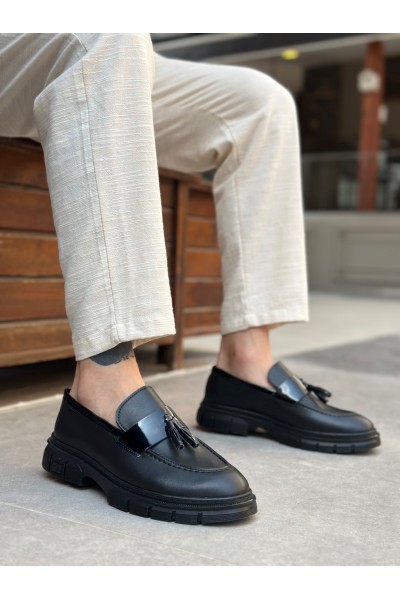 BA0240 Yüksek Taban Klasik Parlak Püsküllü Siyah Taban Erkek Ayakkabı