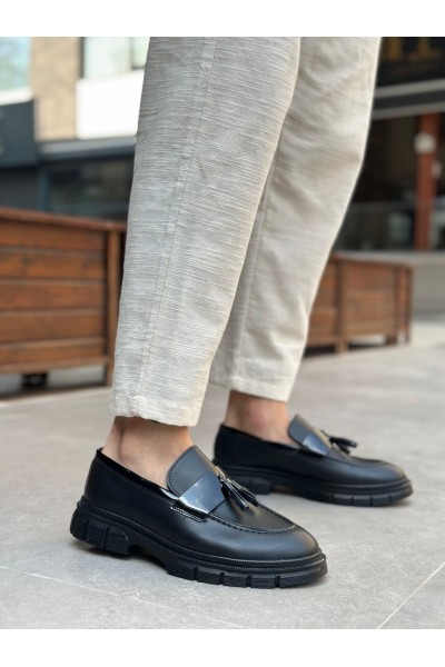 BA0240 Yüksek Taban Klasik Parlak Püsküllü Siyah Taban Erkek Ayakkabı