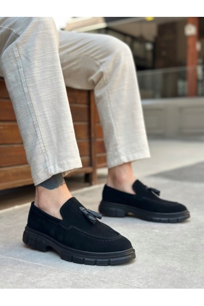 BA0240 Yüksek Taban Klasik Parlak Püsküllü Süet Siyah Erkek Ayakkabı	