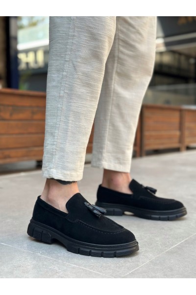 BA0240 Yüksek Taban Klasik Parlak Püsküllü Süet Siyah Erkek Ayakkabı	