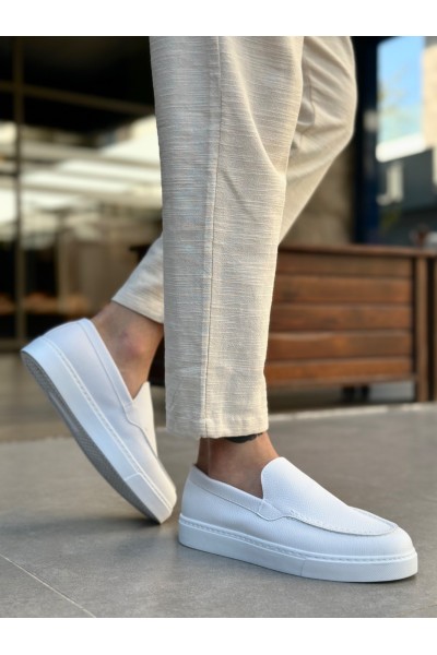 BA0241 Bağcıksız Yüksek Taban Beyaz Cilt Erkek Ayakkabı