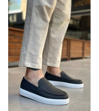 BA0241 Bağcıksız Yüksek Taban Siyah Beyaz Taban Cilt Erkek Ayakkabı