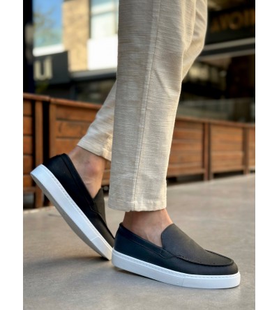 BA0241 Bağcıksız Yüksek Taban Siyah Beyaz Taban Cilt Erkek Ayakkabı