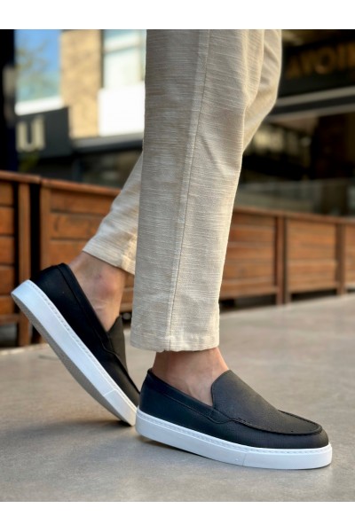 BA0241 Bağcıksız Yüksek Taban Siyah Beyaz Taban Cilt Erkek Ayakkabı