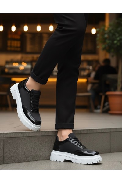 BA0243 Bağcıklı Rugan Paraşüt Detaylı Yüksek Taban Siyah Erkek Ayakkabı