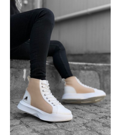 BA0256 Bağcıklı Erkek Yüksek Taban Beyaz Krem Taban Spor Bot