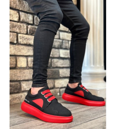 BA0302 Boa Kalın Taban Bağcıksız Tarz Casual Siyah Kırmızı Erkek Ayakkabı