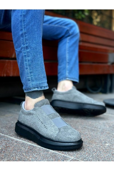 BA0307 BOA Kalın Süet Yüksek Taban Çift Bant Gri Siyah Erkek Ayakkabı