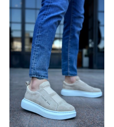 BA0307 BOA Kalın Süet Yüksek Taban Çift Bant Krem Erkek Ayakkabı