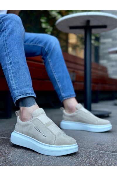 BA0307 BOA Kalın Süet Yüksek Taban Çift Bant Krem Erkek Ayakkabı