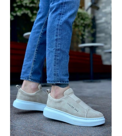 BA0307 BOA Kalın Süet Yüksek Taban Çift Bant Krem Erkek Ayakkabı