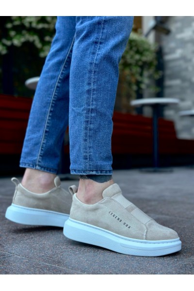 BA0307 BOA Kalın Süet Yüksek Taban Çift Bant Krem Erkek Ayakkabı