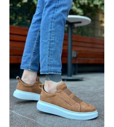 BA0307 BOA Kalın Süet Yüksek Taban Çift Bant Taba Beyaz Erkek Ayakkabı