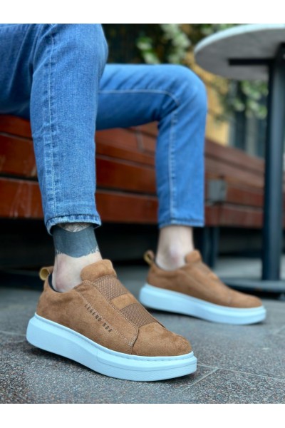 BA0307 BOA Kalın Süet Yüksek Taban Çift Bant Taba Beyaz Erkek Ayakkabı